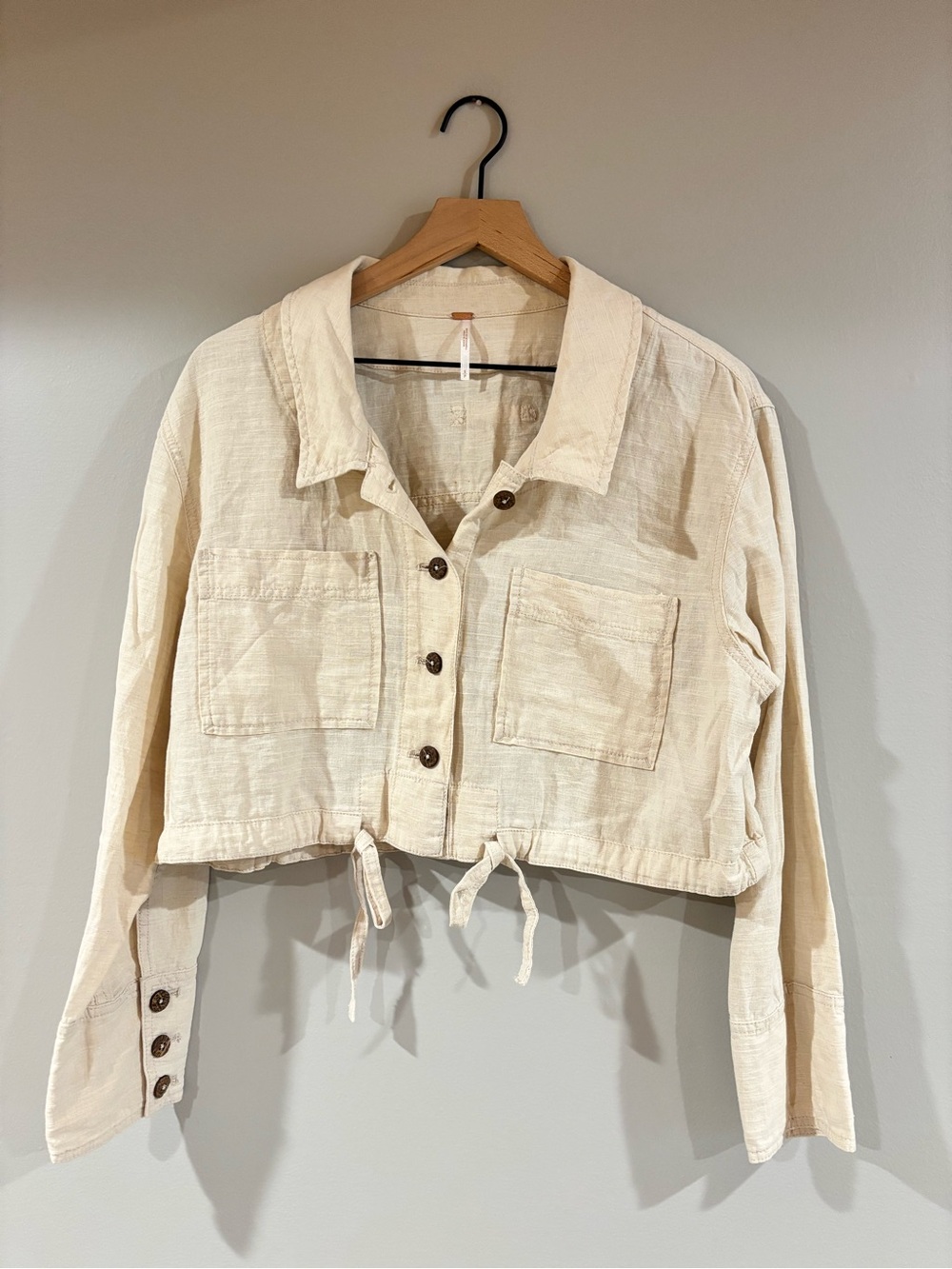 Free People Linen Crop Jacket Cotton Beige button size small